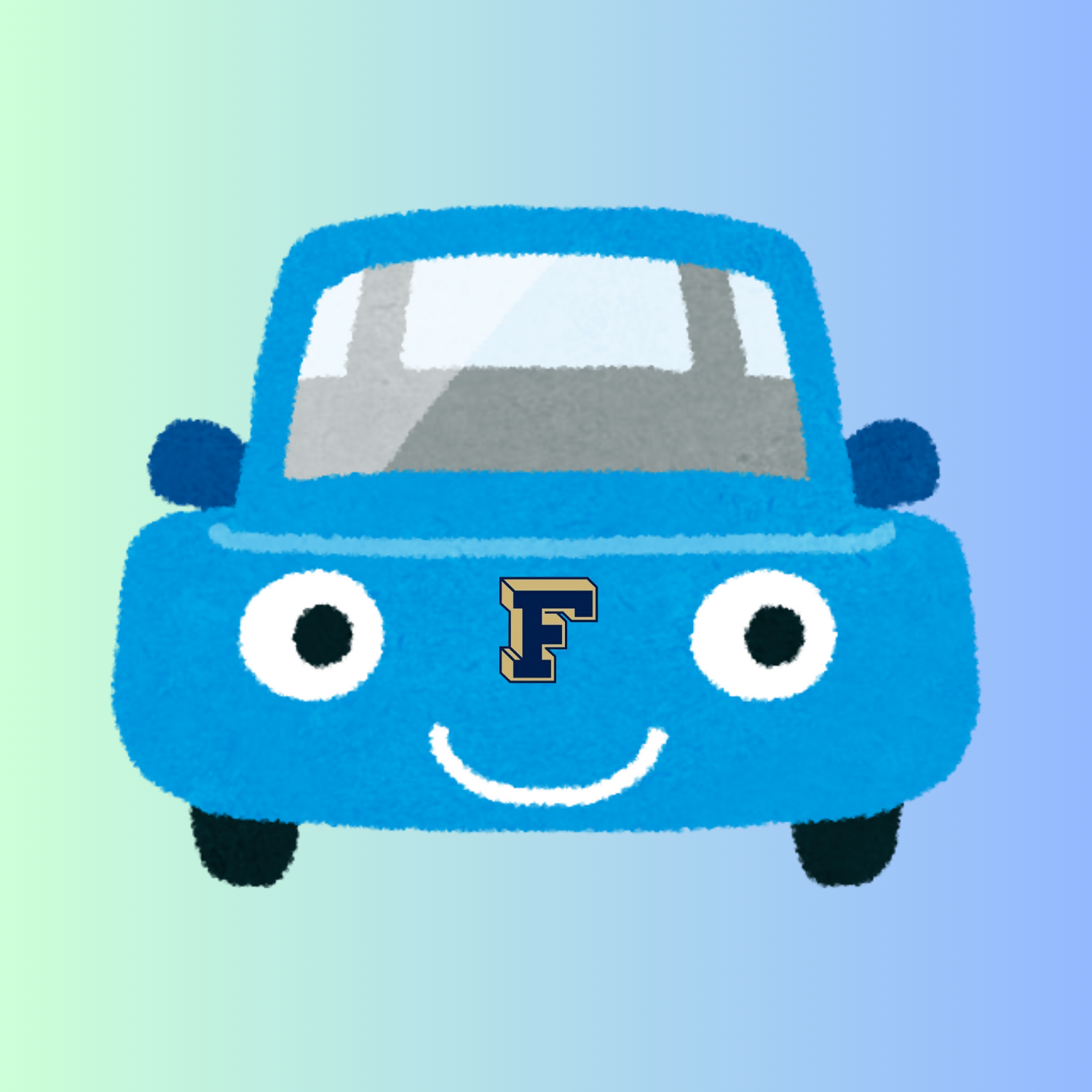 Blue cartoon car on a blue and green background
